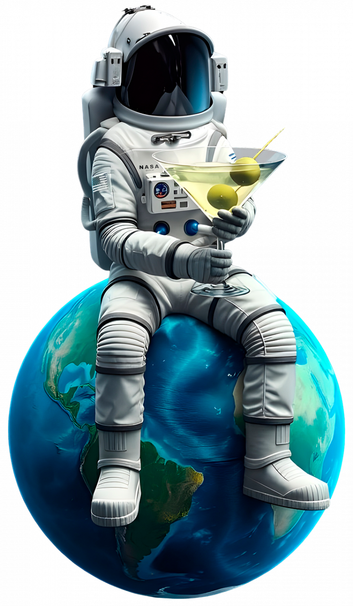transparent, astronaut, space, universe, planet, pot, earth, drink, martini, cocktail, generated by ai